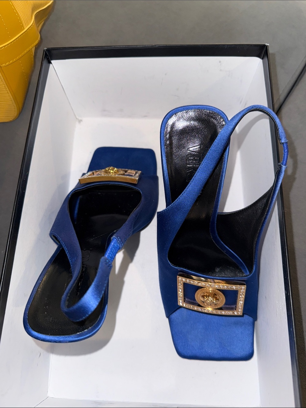 Versace Royal Blue Satin Slingback Mules with Gold Medallion